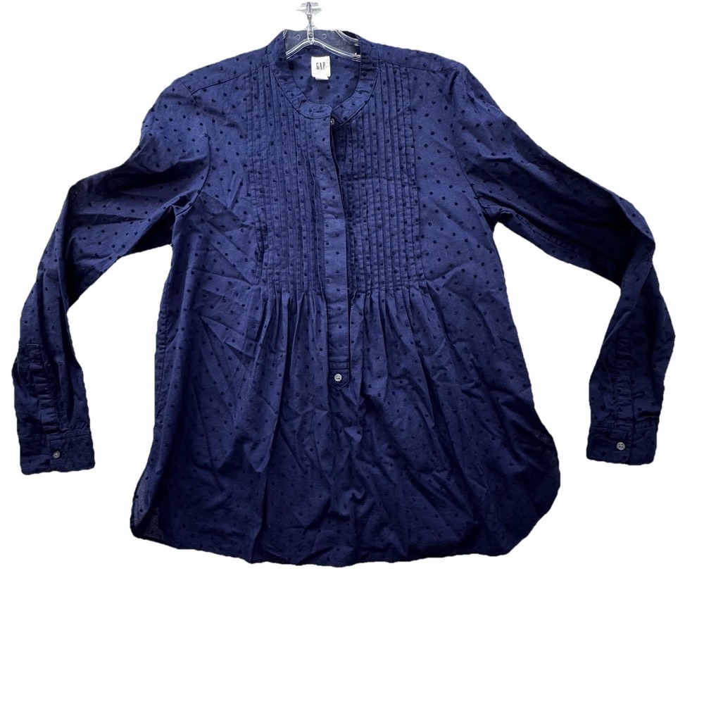 GAP Women Size XS Navy Blue Pleated Cotton Blouse Shirt Casual Swiss Dot